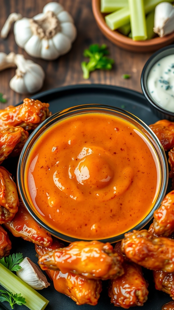 Savory garlic wing sauce in a bowl with crispy wings, garlic cloves, and parsley on a wooden table.